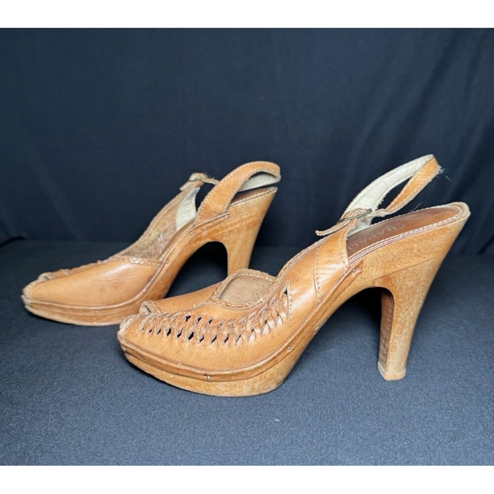 VTG 1970s Rapallo Leather Slingback Wooden Platforms Woodstock Brazil Womens 7